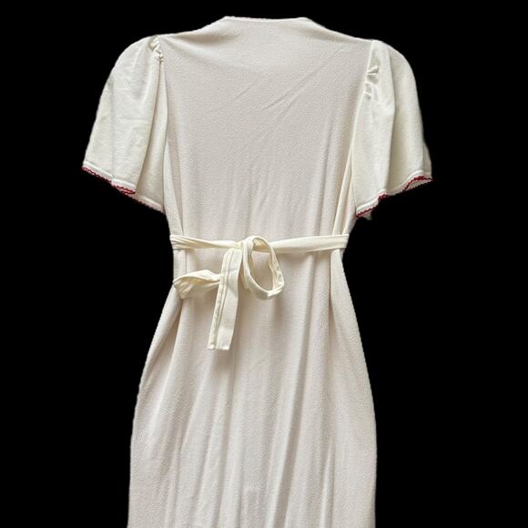 Vintage 1970s White Dress Rose Embroider Prairie Flutter Sleeve Nightgown Tie - Picture 5 of 16